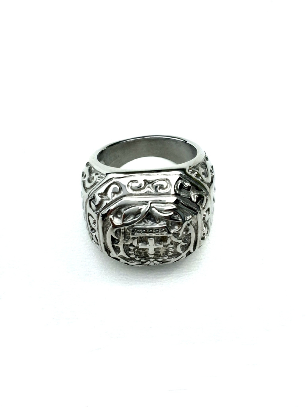 Trendsmax 316L Stainless Steel Carved Cross Crown Signet Ring - Silver (Size 12)